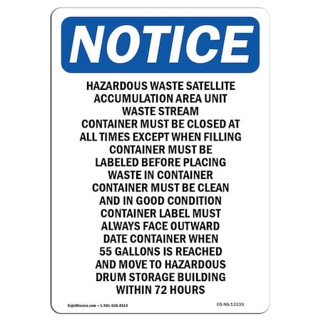 Signmission Sign, 14" H, 10" W, Aluminum, Hazardous Waste Satellite AccumulatiSign, Portrait, 1014-V-13339 OS-NS-A-1014-V-13339